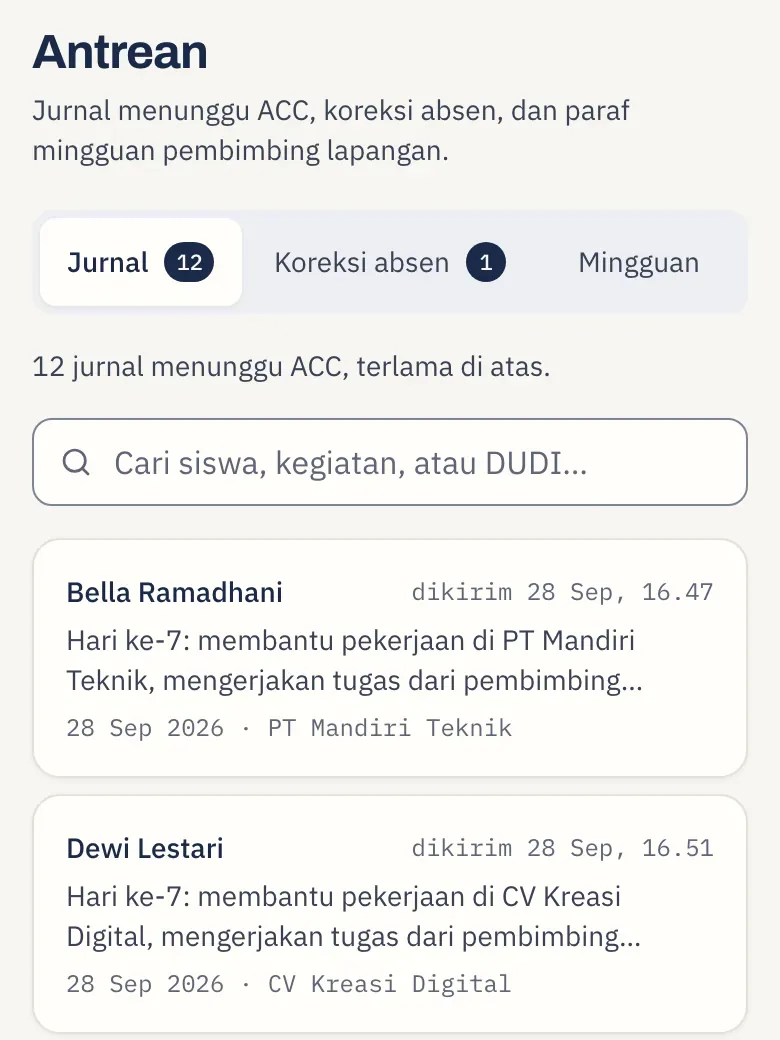 Antrean guru di HP: tab Jurnal dengan 12 jurnal menunggu ACC, kolom cari siswa, dan daftar jurnal dari yang terlama