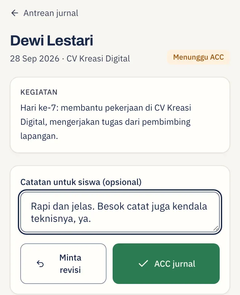 Detail jurnal Dewi Lestari di layar guru: kegiatan hari itu, kolom catatan untuk siswa yang sudah terisi, tombol Minta revisi dan tombol ACC jurnal