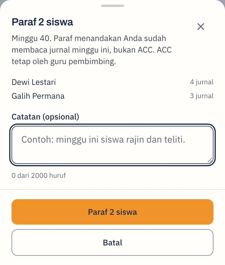 Lembar Paraf 2 siswa berisi nama Dewi Lestari dan Galih Permana, kolom catatan opsional, dan tombol Paraf 2 siswa